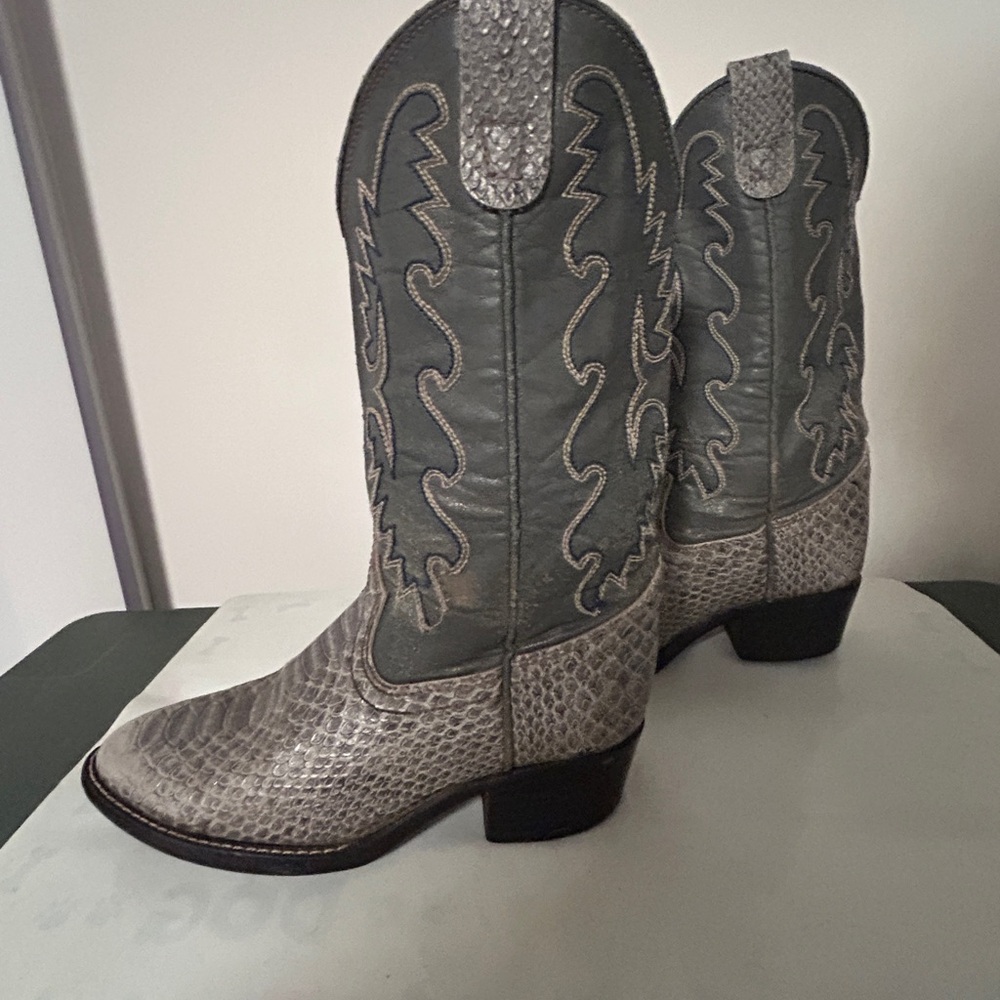 Gray Snakeskin Heeled Boots